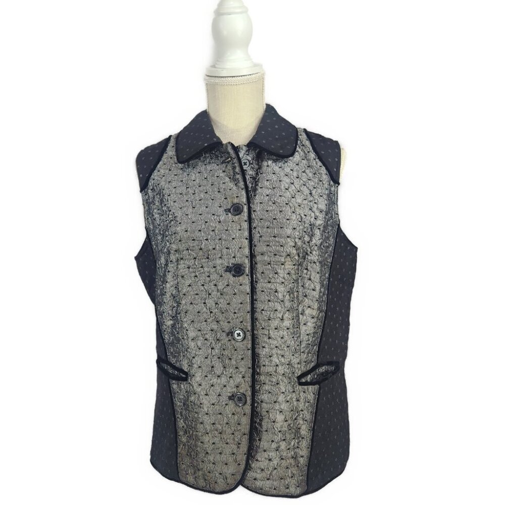 Coldwater Creek Brocade Vest Women's Small Black Gray Dressy Textured Metallic